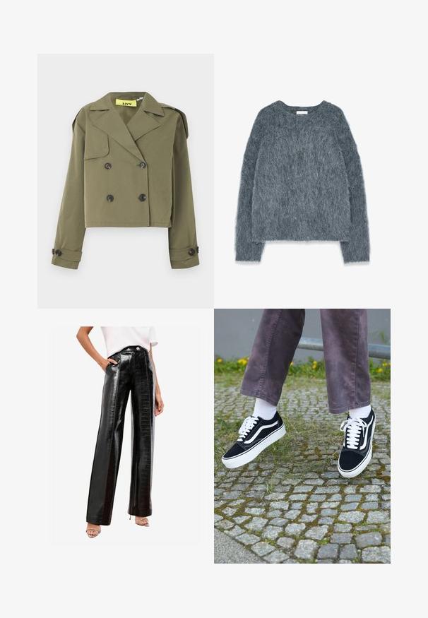 Oliivinvihreä lyhyt takki, jossa on kaksirivinen napitus, terävät kaulukset ja olkapäälät. Takissa on kaksi etutaskua.; Harmaa teksturoidulla neulella, jossa on löysä istuvuus, pitkät hihat ja leveä pääntie. Pehmeä, pörröinen materiaali, jossa on hieman kiiltoa. Ei näkyviä kuvioita tai koristeita.; Mustat korkeavyötäröiset housut kiiltävästä tekonahasta, joissa on krokotiilikuosiset pinnat, sivutaskut ja suorat lahkeet.; Mustat mokkanahkakengät valkoisilla yksityiskohdilla, joissa on pyöristetty kärki, paksu valkoinen pohja ja klassinen nauhakiinnitys, käytettyinä valkoisten sukkien ja violetin housuparin kanssa.