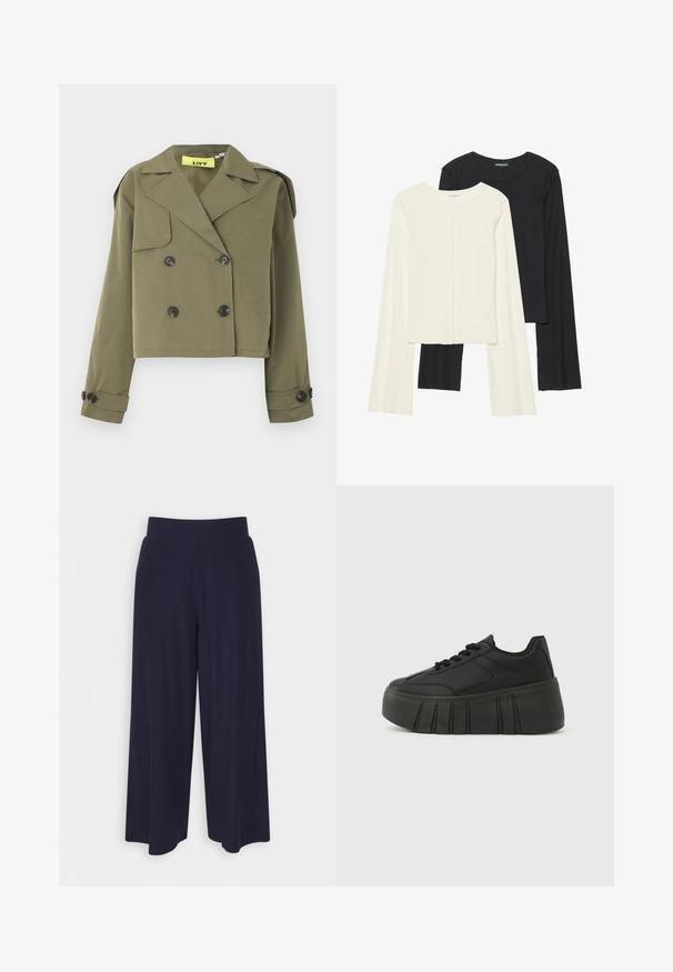 Olivengrønn kort jakke med dobbelspent knappestolpe, skarpe slag og skulderklaffer. Har to lommer foran.; Sett med to langermede topper i hvit og svart. Ribbete tekstur, rund hals, tettsittende design med lett utsvingte ermer.; Bredde bukser i mørk marineblå stoff med ribbet tekstur. Har en glatt midje og en luftig silhuett, som når midt på leggen.; Svarte plattform-sneakers med en glatt syntetisk overdel, rundet tå, snøring og en tykk, rillestøpt såle for ekstra høyde.