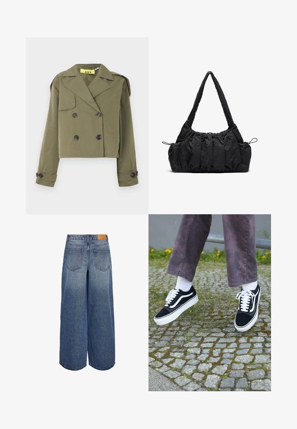 Giacca corta verde oliva con chiusura a doppiopetto, risvolti affilati e spalline. Presenta due tasche frontali.; Maglietta grigia a maniche lunghe con colletto rotondo, caratterizzata da un bordo bianco attorno al colletto e ai polsini. Realizzata in morbido tessuto testurizzato.; Culotte in denim a gamba larga in un lavaggio blu medio con una texture sbiadita, dotate di due tasche posteriori e un'etichetta in pelle marrone del marchio sulla vita.; Sneaker in suede nero con dettagli bianchi, caratterizzati da una punta arrotondata, suola spessa bianca e design classico con lacci, indossati con calze bianche e pantaloni viola.; Borsa a tracolla in tessuto nero con texture arricciata, due manici e chiusura a coulisse sui lati. Materiale liscio e leggero.