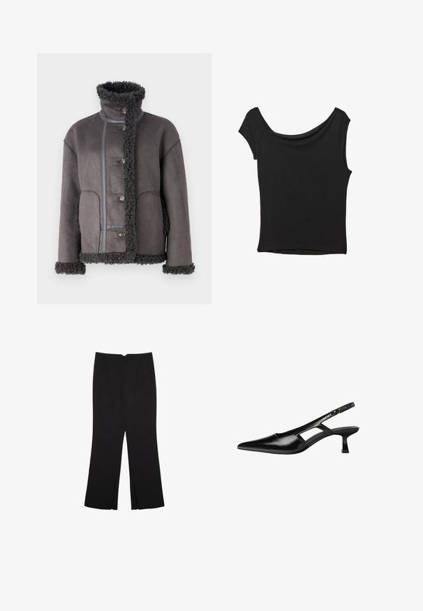 Object OBJOAKLYN JACKET - Veste en similicuir - dark grey; Haut noir à manches courtes en tissu lisse ; il présente un col drapé et un ourlet asymétrique, avec un corps ajusté.; Pantalon noir avec une coupe droite, doté de poches avant et d'éclairs sur l'ourlet. Fabriqué en tissu doux et lisse. Convient à diverses occasions.; Escarpins slingback en cuir verni noir avec un bout pointu, un design découpé sur les côtés et un petit talon carré. Texture lisse avec des accents minimaux.