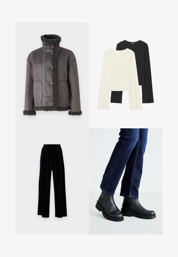 Object OBJOAKLYN JACKET - Casaco de pele sintética - dark grey; Conjunto de duas blusas de manga longa em branco e preto. Textura canelada, decote redondo, design ajustado com mangas ligeiramente evasê.; Calças largas pretas feitas de veludo suave, com um cós elástico e uma textura lisa, sem detalhes ou padrões visíveis.; Botas de tornozelo de couro preto com sola grossa e painéis elásticos laterais, combinadas com jeans azul escuro. O chão é de cor clara.