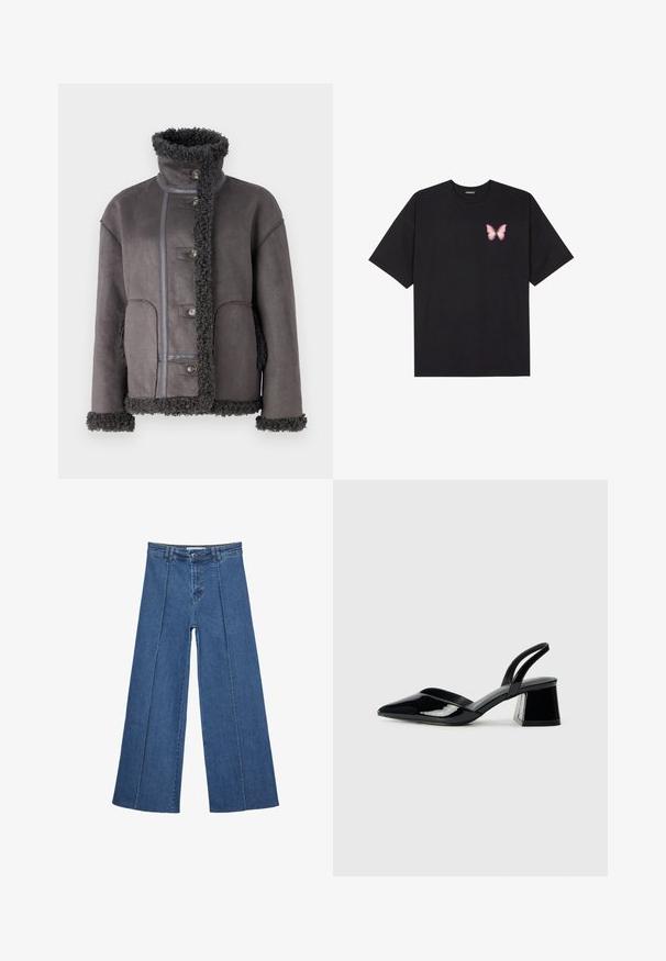 Object OBJOAKLYN JACKET - Giacca in similpelle - dark grey; T-shirt nera in cotone con maniche corte, caratterizzata da una piccola grafica di una farfalla rosa sul lato sinistro del petto. Design a girocollo con una vestibilità rilassata.; Jeans in denim a gamba larga di blu medio, con vita alta, chiusura con bottone e dettagli delle cuciture verticali a contrasto lungo la parte anteriore.; Décolleté in vernice nera con punta affusolata e tacco in geometria cubica. Presentano un design elegante e minimalista, con una texture liscia.