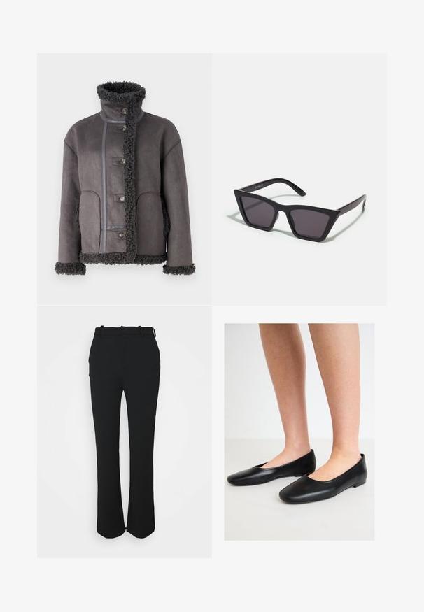 Object OBJOAKLYN JACKET - Giacca in similpelle - dark grey; Top nero a spalla singola realizzato in tessuto morbido ed elastico, con un design aderente e dettagli arricciati sul lato. Dotato di una sottile tracolla regolabile.; Pantaloni neri su misura con una finitura liscia, design a gamba dritta e una cintura. Presentano dettagli di cucitura discreti e nessuna tasca.; Ballerine nere in pelle liscia con punta arrotondata e suola bassa e piatta, dotate di un design slip-on e senza hardware visibile.; Occhiali da sole neri e angolari con lenti grigie; realizzati in plastica, con aste spesse dalla superficie liscia e senza hardware visibile.