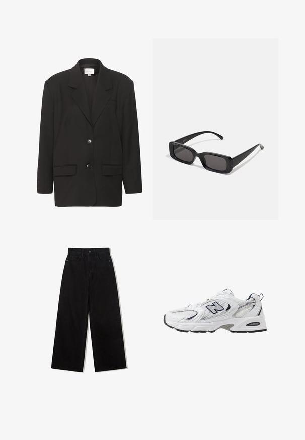 Čierny blejzer s ostrými klopami, dvoma prednými vreckami a dvoma gombíkmi. Hladká tkanina s upraveným strihom a vycibrenými ramenami.; Čierny rolák vyrobený z hladkého pleteného materiálu. Má dlhé rukávy a priliehavý strih, s rebrovaným golierom a lemovaním.; Čierne, široké džínsy z denimu s vysokým pásom, obsahujúce dizajn s piatimi vreckami a jedným gombíkom na zapínanie vpredu.; Biele športové topánky s priedušným vrchným materiálom, námorníckymi akcentmi a polstrovanou podrážkou. Obsahujú logo "N", šnúrky a textúrovaný detail na boku.; Čierne obdĺžnikové slnečné okuliare s tmavými šošovkami, lesklým povrchom, širokými ramenami a robustným rámovým dizajnom. Vygravírované meno značky na jednom ramene.