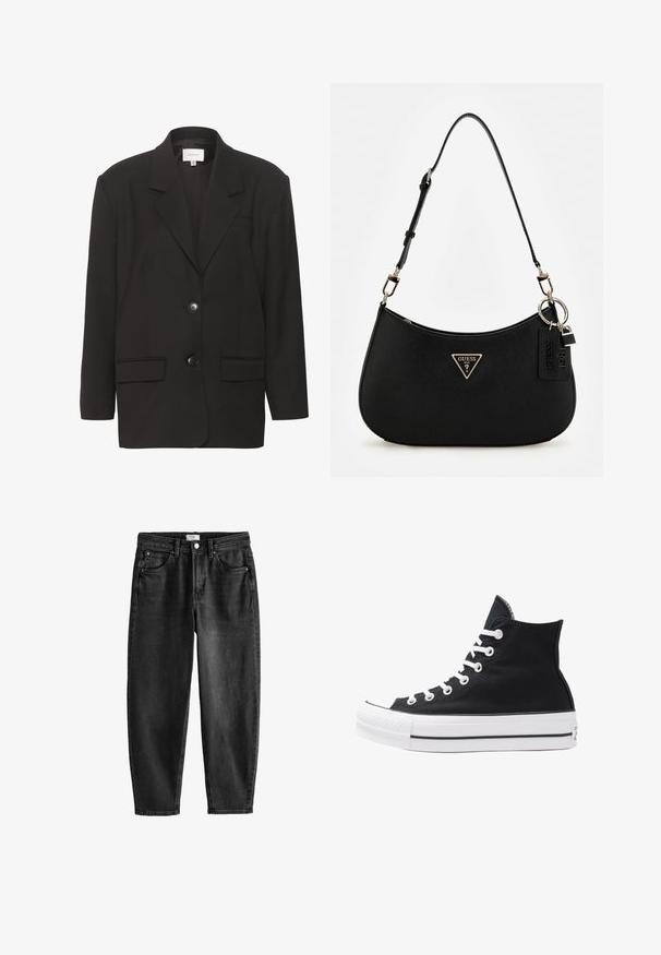 Blazer nero, con rever a punta, due tasche frontali e due bottoni. Tessuto liscio con una vestibilità su misura e spalle strutturate.; T-shirt nera a maniche corte in morbido cotone, con collo tondo e un piccolo logo bianco "HUGO" sul petto. Vestibilità classica.; Jeans in denim nero con una vestibilità dritta, cinque tasche e chiusura con bottone. Presentano una leggera scoloritura e dettagli di cucitura. Design casual.; Sneaker alta nera in tela con occhielli e lacci bianchi e suola in gomma. Presenta un punta testurizzata e accenti a strisce bianche e nere.; Borsa a spalla nera in materiale sintetico con silhouette curvilinea, finitura testurizzata, logo triangolare dorato e dettagli in metallo removibili.