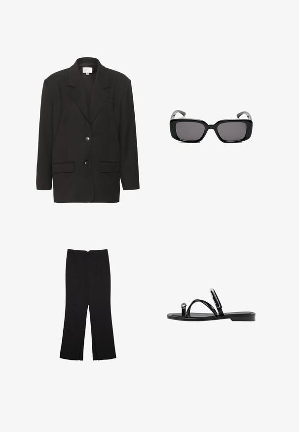 Černý blazer s klopovými límci, dvěma předními kapsami a dvěma knoflíky. Hladká tkanina s přiléhavým střihem a pevným ramenním vyztužením.; Černý bezsleeve crop top vyrobený z hladké tkaniny, s kulatým výstřihem a čistým, jednoduchým designem bez vzorů nebo kovových doplňků.; Černé kalhoty s rovným střihem, s předními kapsami a bočními rozparky na lemu. Vyrobené z jemné, hladké tkaniny. Vhodné na různé příležitosti.; Černé ploché sandály s lesklým povrchem, třemi tenkými popruhy a kulatým kovovým detailem na špičce. Elegantní design s minimálním podpatkem.; Černé obdélníkové sluneční brýle s tmavými skly, hladkým plastovým rámem a zakřivenými stranicemi. Design je robustní s minimalistickou estetikou.