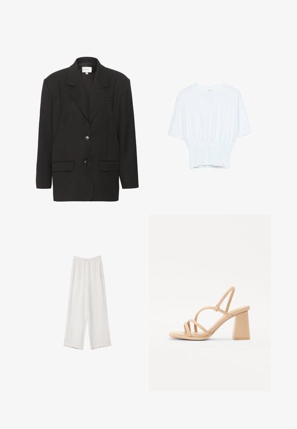 Čierny blejzer s ostrými klopami, dvoma prednými vreckami a dvoma gombíkmi. Hladká tkanina s upraveným strihom a vycibrenými ramenami.; Biela krátka T-shirt s voľným strihom a zlaceným textúrou v oblasti pása. Vyrobená z mäkkého, ľahkého materiálu.; Biele široké nohavice vyrobené z ľahkej tkaniny. Obsahujú elastický pás so sťahovacou šnúrkou a bočné vrecká. Hladká textúra.; Nahé sandále na vysokom opätku s štvorcovým blokovým opätkom, tenkými remienkami a hladkým, lesklým povrchom. Jednoduchý dizajn s remienkovým vrškom.