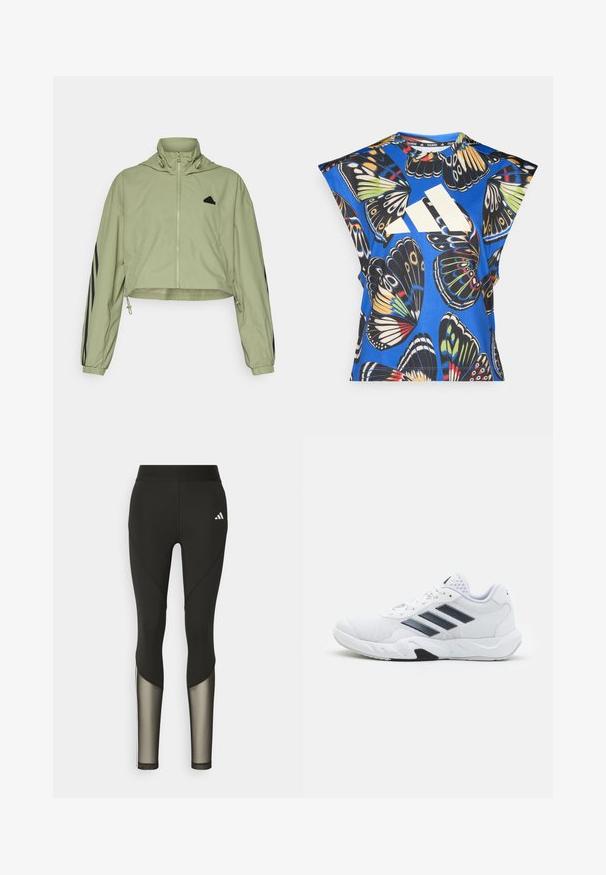 Hele roheline lühike kapuutsiga jakki, kummist mansetid, must adidas logo rinnal ja mustad triibud varrukatel.; Sinine lühikeste varrukatega särk, millel on erksavärviline liblikakujundus, esiosas suur valge logo ning ümardatud kaelus.; Mustad mustreeriga mustad sportlikud retuusid kõrge vöökohtadega, millel on võrgusilma aksessuaarid alumistes jalgades ja brodeeritud logo puusal.; Valge spordijalats, millel on võrkpealne, kolm musta triipu küljepeal, tekstuuriga aktsendid ning tugev kummist tallaosa, millel on kontrastne must osa.