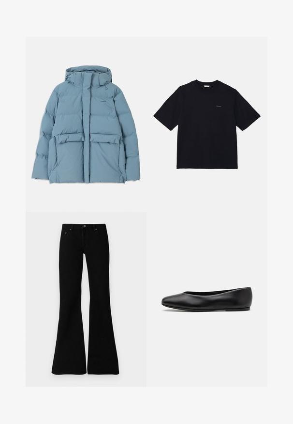 Casaco puffer azul claro com capuz, apresentando um fecho de correr, dois bolsos frontais e um design acolchoado para isolamento.; T-shirt preta de manga curta, feita de algodão, com decote redondo e um pequeno logótipo no lado esquerdo do peito. Textura suave e corte descontraído.; Saias de ganga pretas, estilo flare, com um design clássico de cinco bolsos, fecho de botão e detalhes de costura sutis ao longo das costuras.; Paul Smith TOPANGA - Sabrinas - black