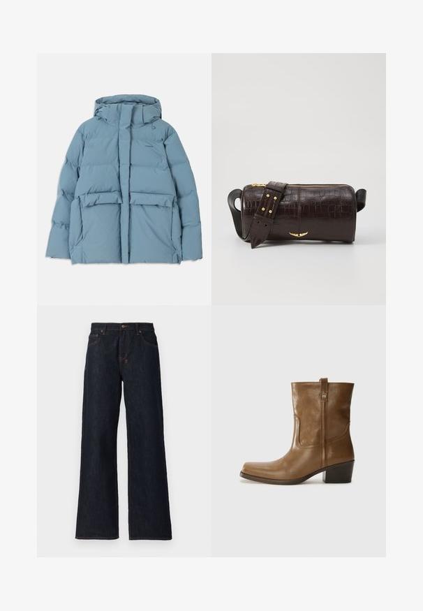 Svijetloplava puffer jakna s kapuljačom, koja ima zatvaranje na zipper, dva prednja džepa i kviltani dizajn za izolaciju.; Crna majica bez rukava s tankim trakama, izrađena od rebraste tkanine, s ravnim krojem i etiketom na izrezu koja glasi "IVY OAK."; Tamno plave široke traperice s narančastim šavovima, s dva prednja džepa i gumbom zatvaranja na struku.; Smeđa kožna cipela do gležnja sa četvrtastim vrhom, teksturiranim finišem i niskim složenim potpeticom. Ima stražnju petlju za navlačenje i suptilne detalje šivanja.; Smeđa torba od kože s embosiranim krokodilskim uzorkom, cilindričnog oblika, zlatne hardverske detalje i odvojivu naramenicu sa čavlima.