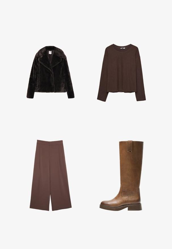 Brun faux fur jakke med bred krave, lange ærmer og en boxy pasform. Blød tekstur, ingen synlige knapper eller lukninger, afslappet design.; Brun sweater med en afslappet pasform, ribbet rullekrave og lange ærmer. Glat tekstur med en rund kant og ingen synlige mønstre eller accenter.; Brune bredbunde bukser med en glat tekstur, der har høj talje og plisseringer foran. Stoffet er let og falder løst.; Brune læderknæhøje støvler med rund tå, struktureret overflade og en stabelt lav hæl. Har en sidepanel og en løftestrop øverst.