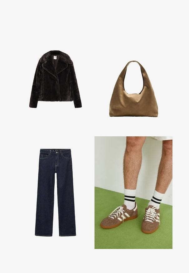 Giacca in pelliccia finta marrone con ampio colletto, maniche lunghe e taglio boxy. Texture morbida, senza bottoni o chiusure visibili, design casual.; Top in cotone bianco senza maniche, con scollatura ampia e linea aderente. Tessuto liscio, design semplice e dettagli di cucitura minimi.; Jeans in denim scuro con vestibilità rilassata. Presentano vita alta, cinque tasche e cuciture a contrasto. Design a gamba dritta, senza decorazioni.; Sneaker in suede marrone con dettagli e lacci bianchi. Suola in gomma color gomma. Indossati con calzini bianchi con righe nere. Pavimento verde texturizzato.; Borsa a spalla in tessuto marrone con un corpo ampio e arrotondato e una grande maniglia a taglio. Texture morbida, design minimalista e senza hardware visibile.