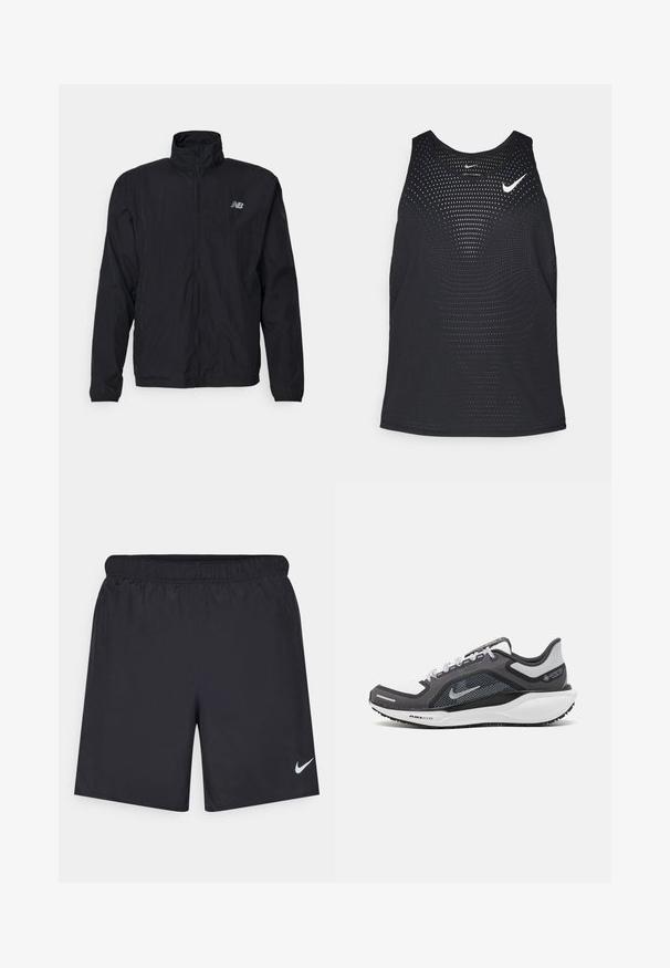 Must must jacket kõrge kraega, lukuga ees ja kergest materjalist. Omab logo rinnal ja elastseid mansette tiheda istumise tagamiseks.; Mustmustreening mustrippide tekstuuri ja ümmargune kaelus. Rinnal valge Nike logo.; Mustad mustikud lühikesed püksid, mis on valmistatud kergest materjalist ja millel on elastne vöökoht. Alumisel vasakul küljel on väike valge Nike logo.; Mustern ja hallide värvusega spordijalats, millel on võrgusilmast ülemine osa, peegeldavad aktsendid ja valge vaheosa. Omab tekstuuriga kummist välisosa ja kingapaelu.