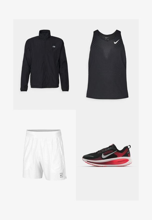 Veste coupe-vent noire avec col montant, fermeture éclair sur le devant et matériau léger. Présente un logo sur la poitrine et des poignets élastiques pour un ajustement confortable.; Débardeur de sport noir avec une texture perforée et un col rond. Présente un logo Nike blanc sur la poitrine.; Shorts de sport blancs en tissu léger avec une taille élastique, dotés de deux poches latérales et d'un petit logo noir au bas.; Chaussures de course Nike noires et rouges avec une tige texturée, une semelle intermédiaire blanche et une semelle extérieure rouge. Dotées d'un logo swoosh argenté bien en évidence.
