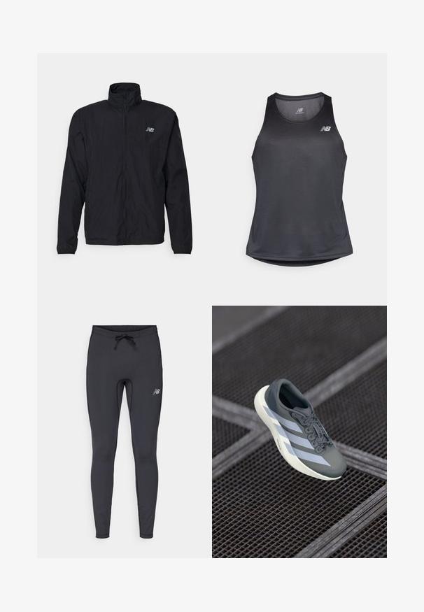 Sort vindjakke med høj krave, lynlås foran og letvægtsmateriale. Har logo på brystet og elastiske manchetter for en tæt pasform.; Sort atletisk tanktop lavet af fugtabsoberende stof, med en rund halsudskæring og subtil ribbet tekstur, samt et hvidt logo på brystet.; Sorte atletiske leggings fremstillet af strækbart stof. Har en talje med snoretræk og et lille reflekterende logo på den højre lår.; Sportssko i grå og hvid, lavet af syntetisk materiale, med et strømlinet design, tekstureret overflade og fremtrædende snøresystem.