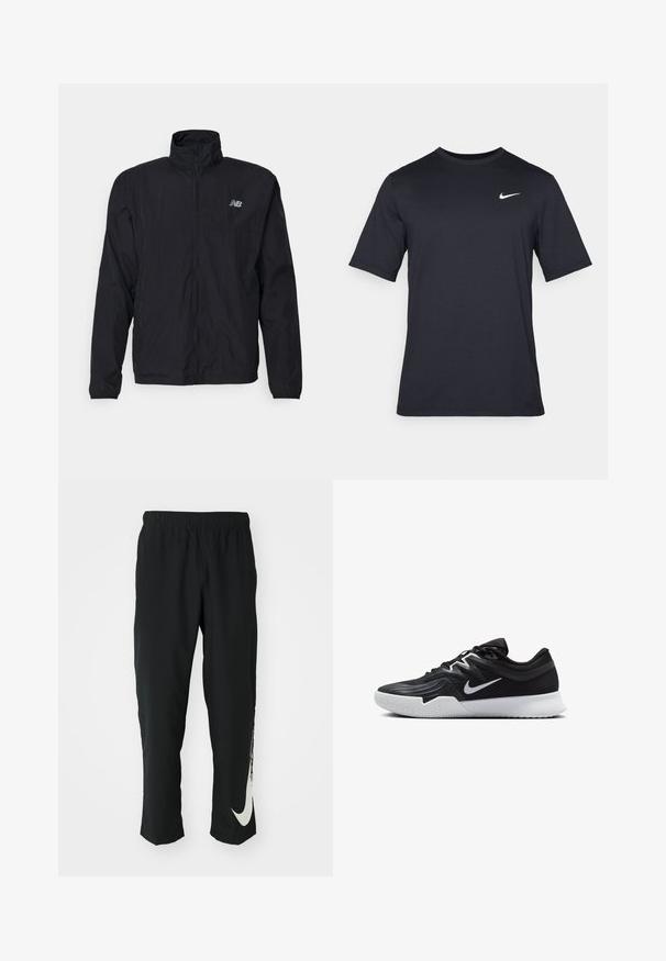 Giacca a vento nera con colletto alto, chiusura zip e materiale leggero. Presenta un logo sul petto e polsini elastici per una vestibilità aderente.; T-shirt Nike nera a maniche corte realizzata in tessuto morbido, con il logo bianco dello swoosh nella parte superiore sinistra, colletto girocollo.; Pantaloni sportivi neri con cintura elasticizzata, design affusolato, caratterizzati da un grande logo Nike bianco sulla gamba sinistra. Tessuto morbido e leggero.; Scarpa sportiva nera con tomaia testurizzata, logo Nike swoosh bianco e suola in gomma bianca. Presenta un design con lacci e una forma dinamica.