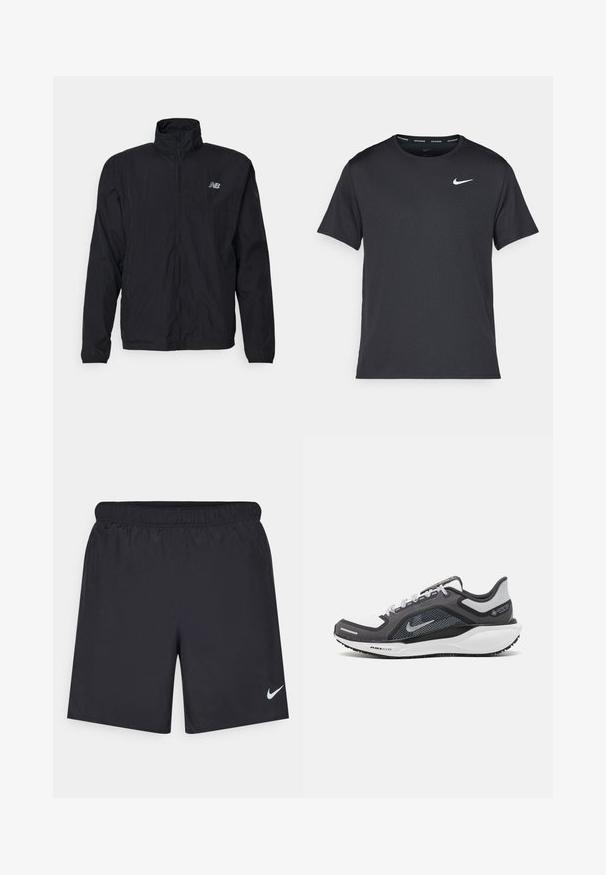Black windbreaker jacket with high collar, zip front, and lightweight material. Features logo on chest and elastic cuffs for a snug fit.; Black Nike running T-shirt made of lightweight, breathable material, featuring short sleeves and a small white logo on the chest.; Black athletic shorts made of lightweight material with an elastic waistband. Features a small white Nike logo on the lower left side.; Black and gray athletic shoe with a mesh upper, reflective accents, and a white midsole. Features textured rubber outsole and laces.