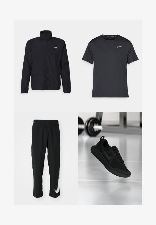 Zwarte windbreaker-jack met hoge kraag, ritssluiting aan de voorkant en lichtgewicht materiaal. Kenmerken zijn een logo op de borst en elastische manchetten voor een perfecte pasvorm.; Zwarte Nike hardloop T-shirt gemaakt van lichtgewicht, ademend materiaal, met korte mouwen en een klein wit logo op de borst.; Zwarte sportbroeken met elastische tailleband, taps toelopend ontwerp, met een groot wit Nike-logo op het linkerbeen. Zachte, lichte stof.; Zwarte sportschoen met een gestructureerd mesh bovenwerk, een rubberen zool en een opvallend donker swoosh-logo. Voorzien van een gevoerde kraag en een vetersluiting.