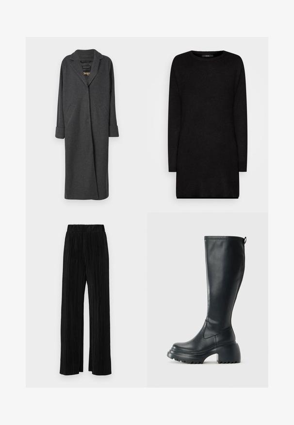 Garšs pelēks mētelis, kas izgatavots no vilnas maisījuma, ar rūpīgi izstrādātu apkakli, divām priekšējām kabatām un sarullētām piedurknēm. Gluda tekstūra un pielāgota forma.; Melnas adītas džemperis ar garām piedurknēm, apaļu kakla izgriezumu un brīvu piegriezumu, ar mīkstu tekstūru un ribotiem maliņām papildu detaļām.; Melni plīšu bikses ar elastīgu jostu. Tām ir platākas kājas un gluda, teksturēta auduma ar vertikālām svītrām.; Augstas melnas ādas zābakus ar masīvu platformu un bloka papēdi, ar vilkšanas cilpu un strukturētu profilu uz ārējā zoles.