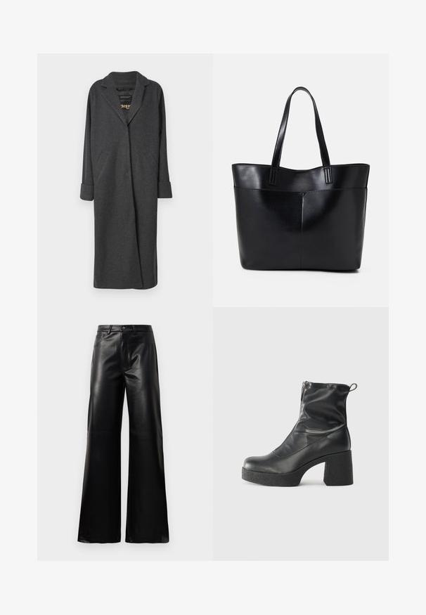 Casaco longo cinza feito de uma mistura de lã, com gola com recortes, duas bolsos frontais e mangas arregaçadas. Textura suave e design ajustado.; Suéter de malha cropped em azul marinho escuro com textura canelada, mangas curtas largas e decote redondo. Design simples, sem padrões ou acentos visíveis.; Calças largas de imitação de couro pretas, de cintura alta, com botão frontal, fecho de correr, passadores de cinto e bolsos laterais sobre fundo branco.; Botas de tornozelo pretas feitas de couro liso, com fecho lateral, salto grosso texturizado e design de bico arredondado.; Bolsa tote preta em couro com duas alças longas, textura suave e forma estruturada. Apresenta um bolso frontal para armazenamento adicional.