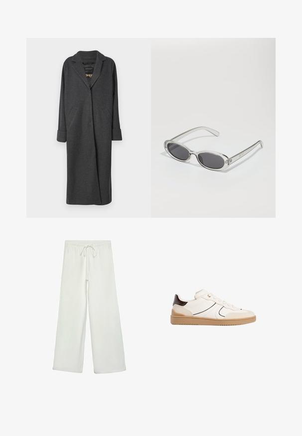 Dlhý sivý kabát z vlnenej zmesi, s výstrihom do špice, dvoma prednými vreckami a vyhrnutými rukávmi. Hladká textura a prispôsobený strih.; Biela krátkopsová tričko vyrobené z bavlny. Má okrúhly výstrih a voľný strih. Hladká textúra bez viditeľných vzorov alebo akcentov.; Biele nohavice s širokými nohavicami vyrobené z mäkkej tkaniny. Majú elastický pás s šnúrkou a hladký povrch. Žiadne viditeľné vzory ani kovania.; Stradivarius Tenisky - white; Slnečné okuliare oválneho tvaru, s priehľadným plastovým rámom, tmavošedými šošovkami a tenkými priehľadnými ramienkami s logovými akcentmi a minimálnym detailovaním.