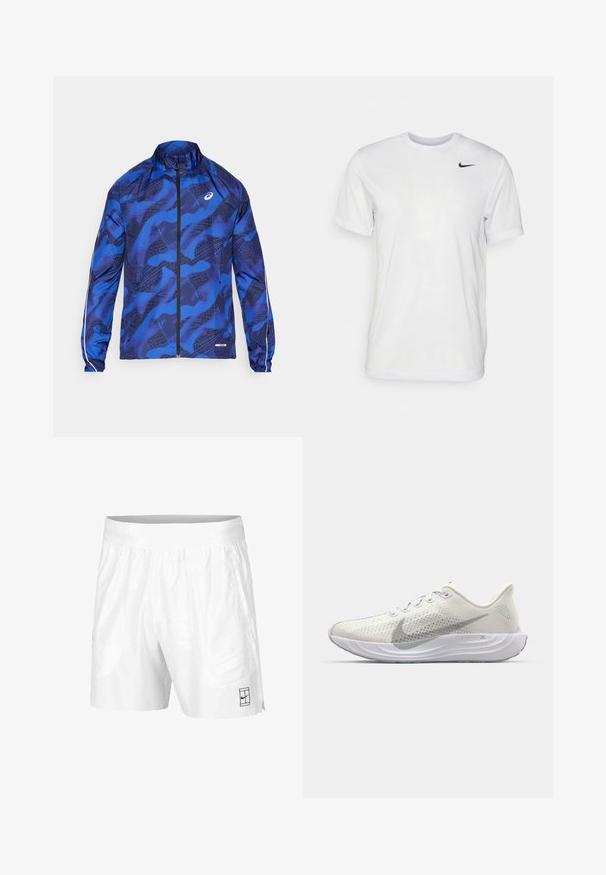 Blau gemusterte Zip-Jacke mit hohem Kragen, ausgestattet mit einem Netzdesign, elastischen Bündchen und reflektierenden Akzenten an den Ärmeln.; Weißes T-Shirt mit kurzen Ärmeln aus glattem Stoff. Verfügt über einen runden Halsauschnitt und ein kleines schwarzes Nike-Logo auf der linken Brust.; Weiße Sportshorts aus leichtem Gewebe mit einem elastischen Bund, ausgestattet mit zwei Seitentaschen und einem kleinen schwarzen Logo am Saum.; Weißer Sportschuh mit einem atmungsaktiven Mesh-Obermaterial, strukturiertem Swoosh, gepolsterter Sohle und subtilen grauen Akzenten an der Seite. Leichtes Design.