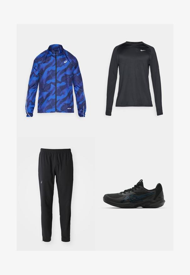Giacca blu con zip e motivo a fantasia, dotata di un colletto alto, design in rete, polsini elasticizzati e dettagli riflettenti sulle maniche.; Maglietta sportiva nera a maniche lunghe realizzata in un materiale morbido e elastico. Presenta un design testurizzato discreto e un piccolo logo bianco sul petto.; ASICS MATCH PANT - Pantaloni sportivi - performance black; ASICS SOLUTION SPEED FF 3 CLAY - da tennis per terra battuta - black/prism blue