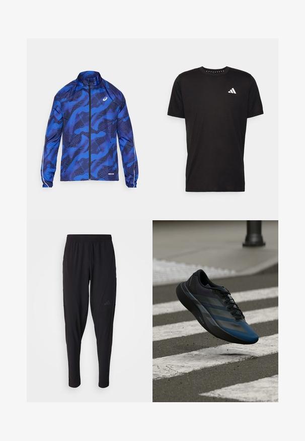 Jachetă cu fermoar, cu un model albastru, guler înalt, având un design din plasă, manși elasticizate și accente reflectorizante pe mâneci.; Tricou negru din bumbac, cu mâneci scurte, de tip crew neckline, cu un logo alb pe pieptul stâng. Textură netedă și design simplu.; Pantaloni atletici negri cu o talie elastică, design conic, buzunare laterale și detalii subtile cu logo. Fabricat dintr-un material flexibil și respirabil.; Pantof sportiv negru și albastru cu un design aerodinamic, având o parte superioară texturată, dungi contrastante și o talpă amortizată, plutind deasupra asfaltului.