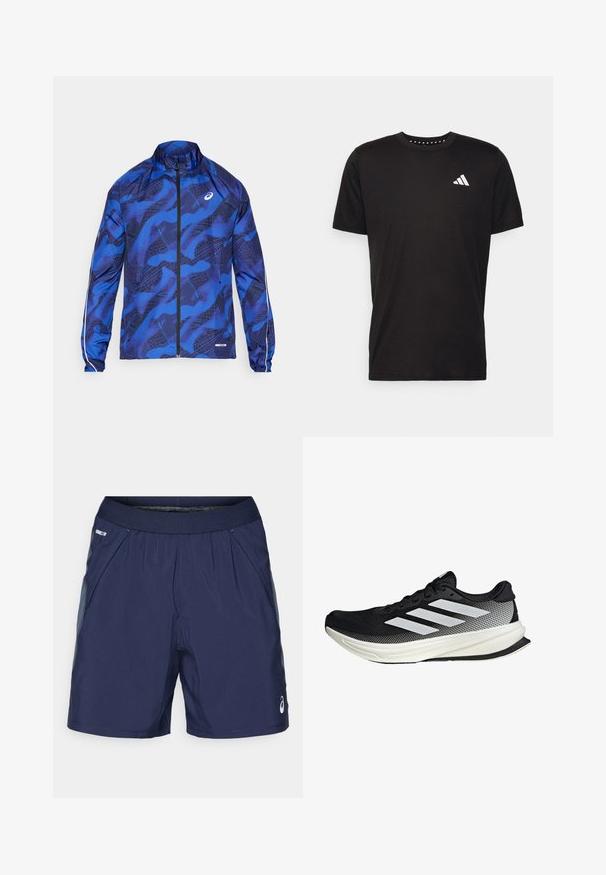 Blauwe gewatteerde ritsjack met hoge kraag, voorzien van een mesh-ontwerp, elastische manchetten en reflecterende accenten op de mouwen.; Zwarte katoenen t-shirt met korte mouwen, ronde hals en een wit logo op de linkerkant van de borst. Gladde textuur en eenvoudig ontwerp.; Marineblauwe sport shorts met elastische tailleband, zijzakken en lichtgrijze accenten. Gemaakt van lichtgewicht, glad materiaal voor comfort.; Zwarte sportieve schoen met een mesh ontwerp, voorzien van witte strepen, een ronde neus en een gestructureerde zool voor grip en ondersteuning.