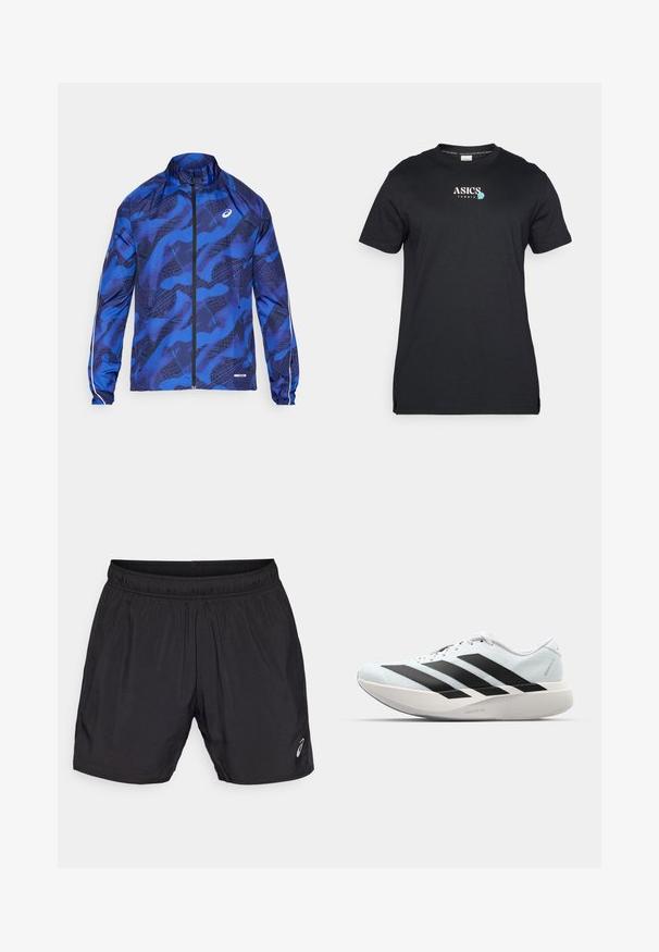 Veste zippée bleue à motif avec un col montant, présentant un design en maille, des poignets élastiques et des accents réfléchissants sur les manches.; ASICS GAME SEASONAL GRAPHIC TEE - T-shirt de sport - performance black; Shorts de sport noirs en matériau léger, avec une taille élastique et un petit logo sur le bas à gauche.; Baskets de course légères en bleu pâle avec des rayures noires. Elles présentent un dessus lisse, un embout rond et une semelle intermédiaire blanche épaisse étiquetée "LIGHTSTRIKE PRO".