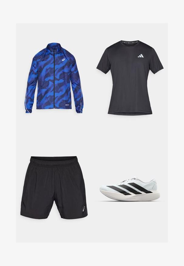 Veste zippée bleue à motif avec un col montant, présentant un design en maille, des poignets élastiques et des accents réfléchissants sur les manches.; T-shirt de sport noir à manches courtes, col rond, fabriqué en tissu léger. Présente un logo Adidas réfléchissant à l'avant.; Shorts de sport noirs en matériau léger, avec une taille élastique et un petit logo sur le bas à gauche.; Baskets de course légères en bleu pâle avec des rayures noires. Elles présentent un dessus lisse, un embout rond et une semelle intermédiaire blanche épaisse étiquetée "LIGHTSTRIKE PRO".