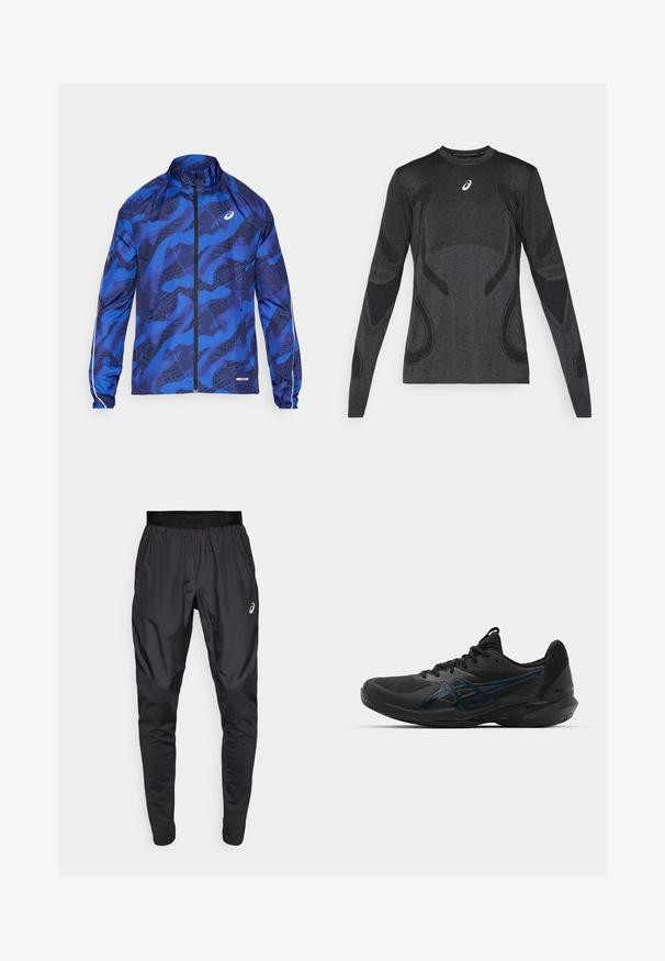 Blauwe gewatteerde ritsjack met hoge kraag, voorzien van een mesh-ontwerp, elastische manchetten en reflecterende accenten op de mouwen.; Langarm atletisch T-shirt in donkergrijs, met textuuraccenten in lichter grijs. Ronde halslijn met logo op de borst.; Zwarte sportbroek met een rekbare tailleband, zijzakken en contrasterende textuurpanelen op de benen. Asics-logo op de heup.; ASICS SOLUTION SPEED FF 3 CLAY - Tennisschoenen voor kleibanen - black/prism blue