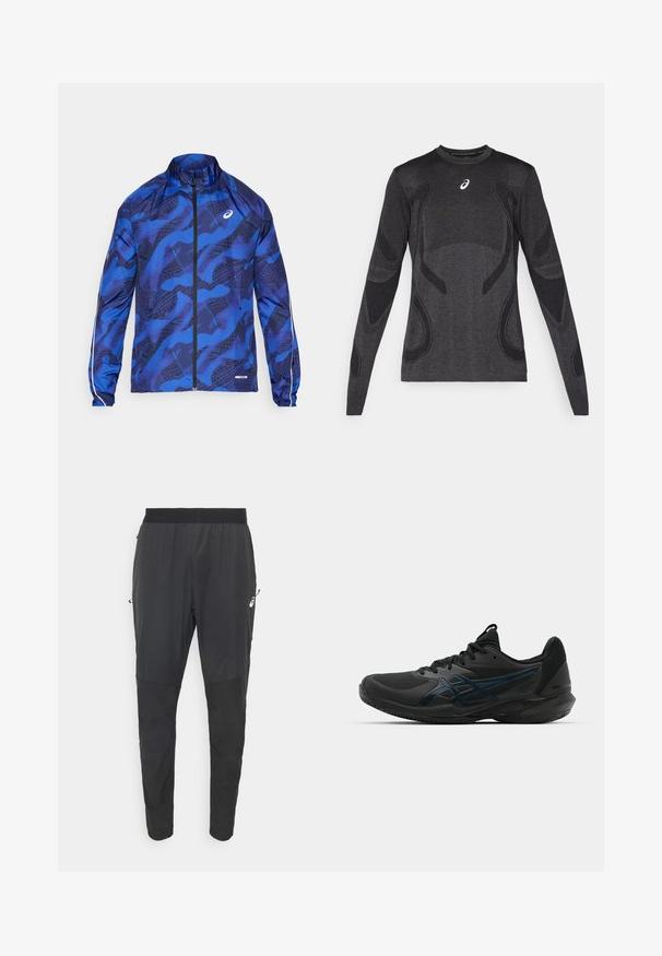Chaqueta azul con patrón, tipo zip, con un alto cuello, que presenta un diseño de malla, puños elásticos y acentos reflectantes en las mangas.; Camiseta deportiva de manga larga en gris oscuro, con acentos de diseño texturizado en un gris más claro. Cuello redondo con logotipo en el pecho.; Pantalones deportivos negros hechos de un material ligero y resistente al agua, con un diseño ajustado, cinturilla elástica y bolsillos laterales con cremallera.; ASICS SOLUTION SPEED FF 3 CLAY - Zapatillas de tenis para tierra batida - black/prism blue