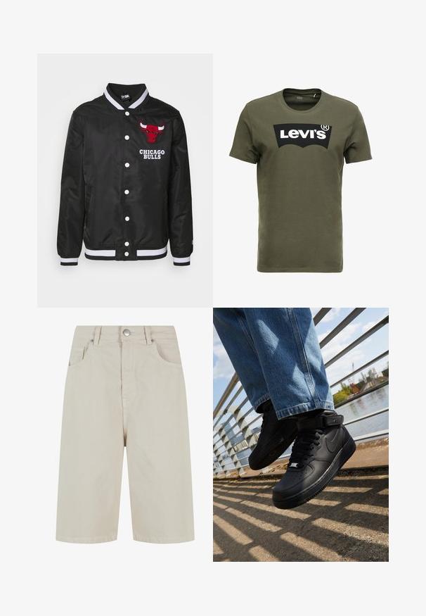 New Era NBA CHICAGO BULLS LOGO SELECT JACKET - Fanartikel - black; Olijfgroen katoenen T-shirt met een groot zwart Levi's-logo op de voorkant. Klassieke ronde hals en korte mouwen, gladde textuur.; Beige denim shorts met een rechte snit, een sluiting met een knop aan de voorkant en vier zakken. De stof heeft een gladde textuur en minimale stikseldetails.; Zwarte Nike Air Force 1 sneakers met leren bovenkant, mesh tong en rubberen zool, met een high-top ontwerp en dikke veters.
