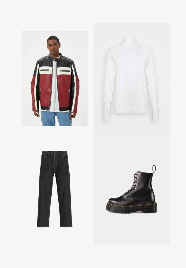 Rød og sort læderjakke med hvide striber, lynlåslommer og quiltede detaljer på skuldrene. Klassisk stil, lagdelte teksturer.; Hvid turtleneck sweater med lange ærmer, lavet af glat stof. Har et tætsiddende design og ribbede manchetter og kant. Ingen mønstre eller accenter.; Sorte denim jeans med lige ben-design, som har lynlås, bæltestropper og seks lommer, lavet af et robust bomuldsblandingsstof.; Sorte læder snørebånd ankelstøvler med en kraftig sort sål og gul syning. Har en trækflap bagpå og runde metaløjer.
