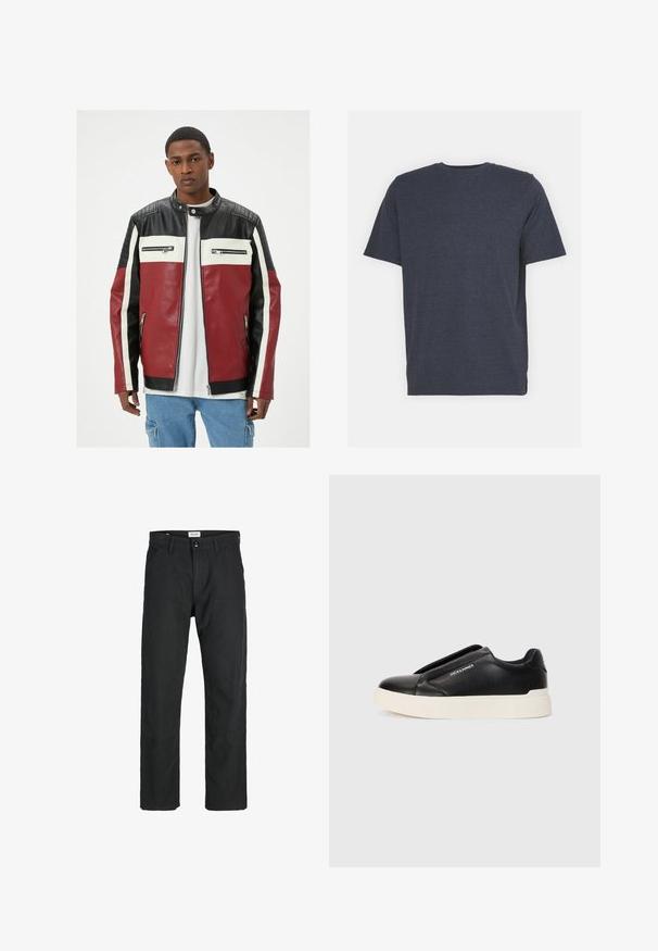 Czerwona i czarna skórzana kurtka z białymi paskami, kieszeniami na zamek i pikowanymi akcentami na ramionach. Klasyczny styl, warstwowe tekstury.; Granatowa koszulka z okrągłym dekoltem, wykonana z miękkiej bawełny z dodatkiem włókien syntetycznych, z krótkimi rękawami i regularnym krojem. Bez widocznych wzorów ani akcentów.; Czarne spodnie wykonane z trwałego materiału, z prostym krojem nóg, przeszyciami i dwiema przednimi kieszeniami dla funkcjonalności.; Czarne trampki wsuwane z teksturowanej skóry, biała gumowa podeszwa i brak widocznych sznurówek. Posiadają logo marki z boku.