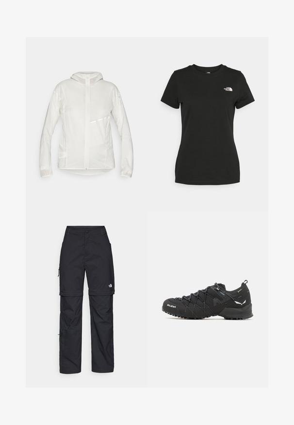 Giacca leggera e traslucida di colore bianco con maniche lunghe, chiusura a zip completa e cappuccio. Presenta una striscia riflettente nella zona del petto.; T-shirt in cotone nero con collo a giro e maniche corte. Logo bianco ben visibile sulla parte superiore sinistra. Tessuto liscio, vestibilità casual.; Pantaloni cargo in nylon nero con zip rimovibile, polsini regolabili, molteplici tasche e un logo sulla gamba destra. Tessuto liscio e leggero.; Scarpe da trekking nere con tomaia in tessuto testurizzato, sistema di allacciatura e suola in gomma robusta. Accentuate da dettagli riflettenti e loghi.