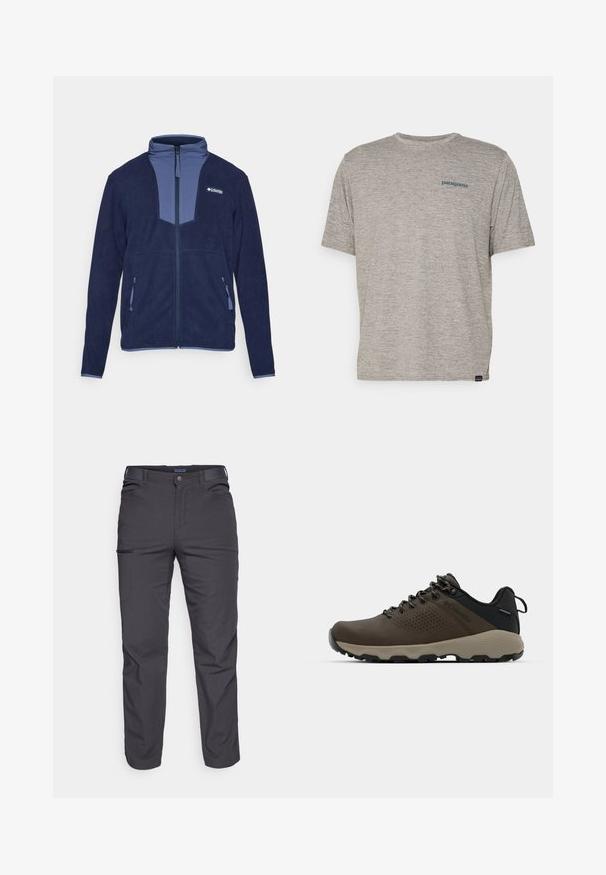 Námořnická modrá fleecová bunda s kontrastním světle modrým panelem na krku, centrálním zipem a dvěma bočními kapsami se zipovými uzávěry.; Šedé tričko s krátkým rukávem vyrobené z měkké, texturované látky, se malým modrým logem Patagonia na levé straně hrudi. Žádné další vzory.; Tmavě šedé kalhoty vyrobené z odolné tkaniny, s kapsou na zip, rovný střih a s poutky na opasek pro nastavitelné nošení.; Hnědé nepromokavé sneakers s texturovaným svrškem, perforovanými detaily, černým oporou paty a šedou gumovou podrážkou. Šňůrky mají kovové konce.