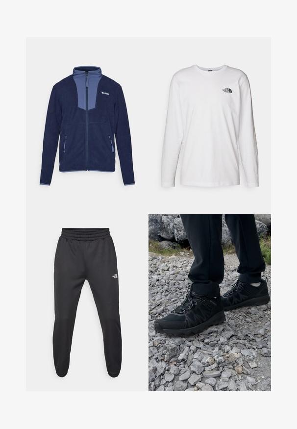 Dunkelblaue Fleece-Jacke mit kontrastierendem, hellblauen Einsatz am Kragen, durchgehendem Reißverschluss vorne und zwei seitlichen Taschen mit Reißverschluss.; Weißes langärmliges T-Shirt aus Baumwolle mit Rundhalsausschnitt. Verfügt über ein kleines schwarzes Logo auf der Brust. Glatte Textur, reguläre Passform.; Schwarze Jogginghose mit verstellbarem Bund, schlanker Passform, elastischen Bündchen und einem kleinen weißen Logo am linken Oberschenkel, hergestellt aus glattem Stoff.; Schwarze Outdoor-Schuhe aus Mesh und synthetischem Material, mit einer strukturierten Oberseite, gesichertem Schnürsystem und griffiger Laufsohle, auf felsigem Gelände.