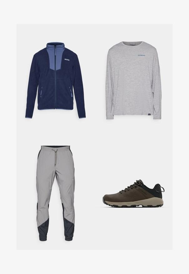 Navyblauwe fleecejas met een contrasterend lichterblauw paneel bij de nek, een centrale rits aan de voorkant en twee zijzakken met ritssluitingen.; Lichtgrijze longsleeve t-shirt van zacht, textuurstof. Heeft een ronde hals en een klein blauw Patagonia-logo op de borst.; Lichte, grijze sportbroek met zwarte accenten. Elastische tailleband, trekkoordsluiting, taps toelopend ontwerp en zijzakken.; Bruine waterdichte sneakers met een gestructureerde bovenkant, geperforeerde accenten, zwarte hielsteun en een grijze rubberen zool. De veters zijn voorzien van metalen uiteinden.