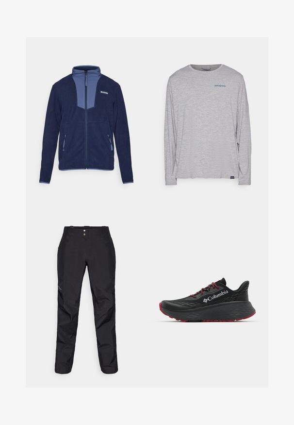 Giacca in pile blu navy con pannello a contrasto blu chiaro al collo, zip centrale anteriore e due tasche laterali con chiusura a zip.; T-shirt grigio chiaro a maniche lunghe realizzato in un morbido tessuto testurizzato. Presenta un collo a giro e un piccolo logo blu Patagonia sul petto.; Pantaloni impermeabili neri con una texture liscia, dotati di due bottoni frontali e un design a gamba affusolata. Accentuati con un logo sul lato.; Scarpa sportiva nera con tomaia testurizzata, lacci rossi e logo. Suola spessa con battistrada a righe per una buona aderenza. Design minimalista, vista laterale.
