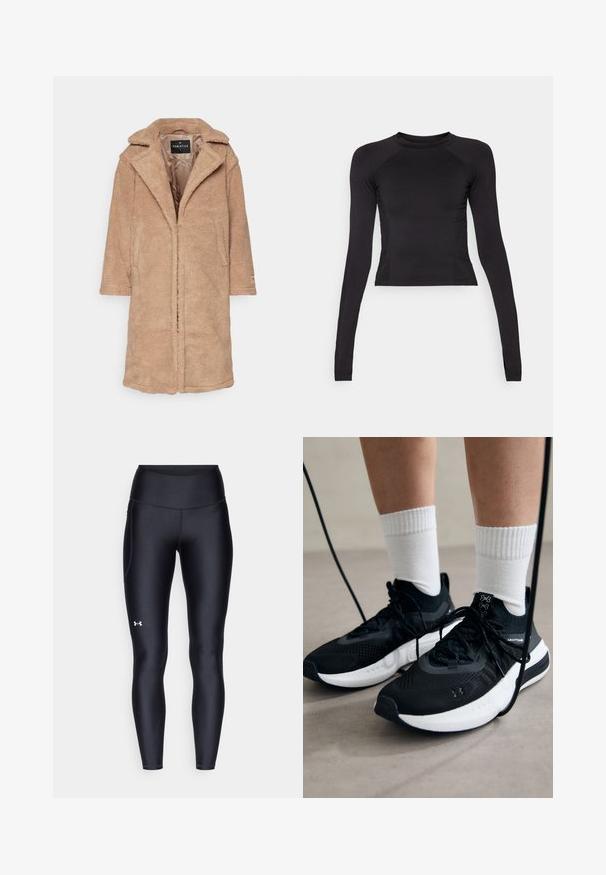 Tan fleece coat with a notched collar, long sleeves, and front pockets. Soft texture with an open front design. Lined interior.; Black long-sleeve crop top made of stretchy fabric, featuring a round neckline and raglan sleeves with subtle seam detailing.; Black leggings made of smooth, stretchy material with a high waistband. Features a white logo on the left thigh and fitted design.; Black athletic shoes with textured fabric, white sole, and black laces. Worn with white ribbed socks, standing on a light surface.