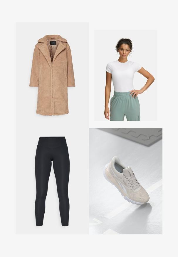 Manteau en polaire beige avec un col cranté, des manches longues et des poches avant. Texture douce avec un design à ouverture sur le devant. Intérieur doublé.; T-shirt blanc ajusté à manches courtes, associé à un pantalon à taille élastique vert clair. Texture lisse, design minimaliste et sans motifs visibles.; Leggings noirs en tissu extensible, dotés d'une taille haute, d'une texture lisse et d'un ajustement serré. Pas de motifs visibles ni de matériel.; Chaussure de sport beige clair avec une tige perforée, des accents texturés, un col rembourré et une semelle en caoutchouc blanche, conçue pour le confort et la respirabilité.