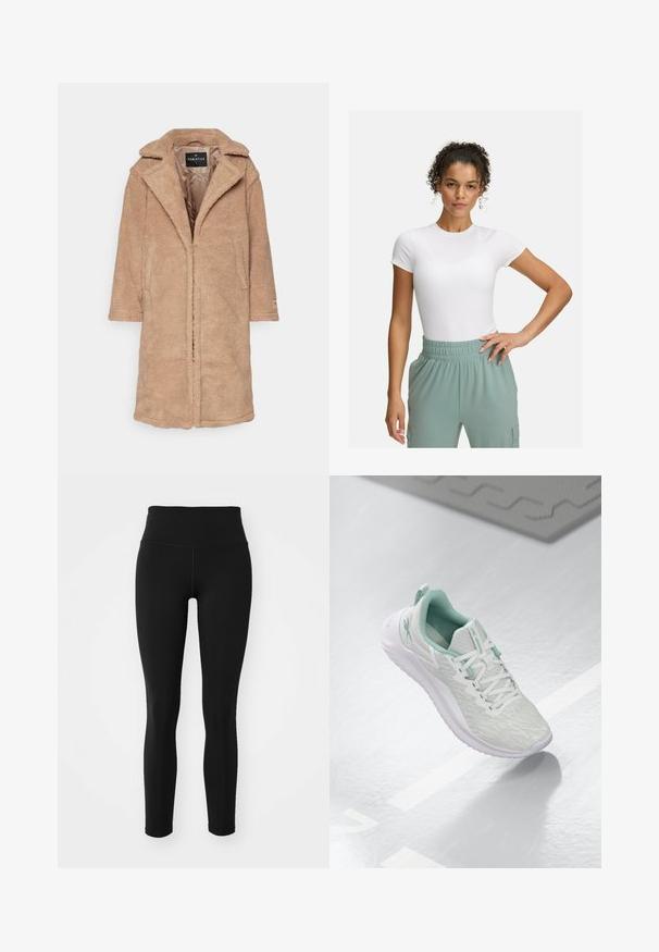 Cappotto in fleece color sabbia con colletto a scollatura, maniche lunghe e tasche frontali. Tessuto morbido con design aperto sul davanti. Interno foderato.; T-shirt bianca aderente con maniche corte, abbinata a pantaloni con elastico in vita di colore verde chiaro. Texture liscia, design minimalista e nessun motivo visibile.; Leggings neri con vita alta, texture liscia e tessuto elastico. Nessun motivo visibile o dettagli hardware. Design aderente.; Scarpa sportiva grigio chiaro con tomaia in maglia testurizzata, dettagli verde menta, lacci bianchi, suola in gomma e linguetta sul tallone.