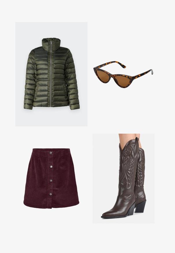 Casaco puffer em verde-escuro, com secções acolchoadas horizontais, gola alta, fecho zip frontal completo e bolsos laterais com uma textura suave.; Suéter castanho de malha com um colarinho alto canelado, mangas largas e uma textura suave. Apresenta um corte descontraído e detalhes em canelado nas mangas.; Saia mini em veludo cotelê burgundy com formato em A, apresentando cinco botões prateados na parte da frente e uma textura rib alta discreta.; Botas de cowboy em couro castanho com bico pontudo e salto quadrado, apresentando costuras detalhadas e realces elevados no cano.; Óculos de sol estilo gato com uma armação em tartaruga preta e laranja, lentes castanhas e pontas elegantes e pontiagudas. Apresenta um logo minimalista na haste.