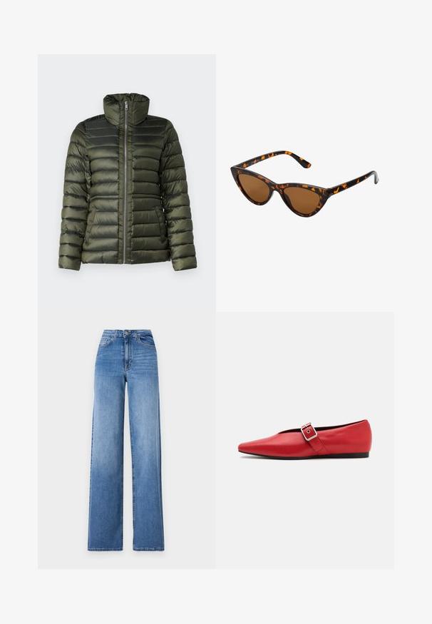 Puffer-takki tummanvihreänä, jossa on vaakasuorat tikkaukset, korkea kaulus, täysipitkä vetoketju ja sivutaskut, jotka ovat sileäpintaiset.; Ruskea neulepaita, jossa on korkea ribattu kaulus, leveät hihat ja pehmeä textura. Ominaisuuksiin kuuluu rento malli ja ribbaus yksityiskohtina hihoissa.; Vaaleansiniset leveälahkeiset farkut, jotka on valmistettu denimestä. Ne ovat korkeavyötäröiset, niissä on etutaskut ja tavallinen nappikiinnitys. Pintakankaan rakenne on sileä.; Punainen nahkainen tasapohjainen kenkä, jossa on terävä kärki, sivuhihna metalli soljella ja matala musta korko. Tasainen pintakäsittely.; Kattöga solglasögon med en svart och orange sköldpaddsmönstrad båge, bruna linser och slanka, spetsiga spetsar. Har en minimal logotyp på skalmen.; Hopehope hopeilla, joissa on minimalistinen muotoilu. Pyöreä muoto, sileä pinta ja ohut profiili. Kevyet ja kiillotetut.