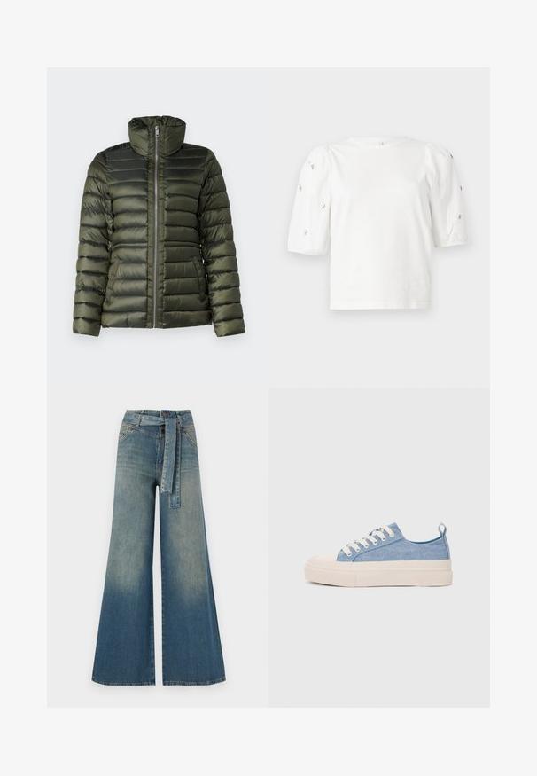 Tamsiai žalia pūkinė striukė, su horizonto siūtomis sekcijomis, aukštu apykakle, visišku priekinio užtrauktuko užsegimu ir šoninėmis kišenėmis, pasižyminčiomis sklandžia tekstūra.; Balta medvilnės marškinėliai trumpomis pūstomis rankovėmis, papuošti mažomis sidabrinėmis detalėmis ant rankovių. Klasikinis apvalus iškirpimas, laisvas siluetas.; Platus džinsinis kelnes su šviesiai tamsiai mėlynu gradientu, aukštu juosmeniu, diržo kilpomis ir atitinkančiu audinio diržu. Textūruotas džinsinis paviršius.; Šviesiai mėlyni drobės sportbačiai su kreminiu guminiu pirštų apsaugos ir pado elementu, balti raišteliai ir kilpa ant kulno.