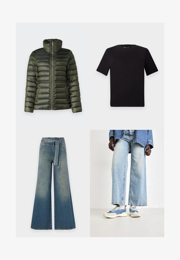 Zimska jakna u tamnozelenoj boji, s horizontalnim kvadratnim šavovima, visokim ovratnikom, punim prednjim zatvaračem i bočnim džepovima s glatkom teksturom.; Crna majica kratkih rukava s okruglim izrezom, izrađena od mekane pamučne tkanine. Jednostavan dizajn, bez vidljivih logotipa ili uzoraka.; Široke traperice s gradijentom od svijetloplave do tamnoplave, visokog struka, petljama za remen i remenom od istog materijala. Teksturirana traper tkanina.; Plave traperice širokih nogavica u kombinaciji s plavim i kremičastim tenisicama s teksturiranom tkaninom i vezicama, na neutralnoj podlozi.
