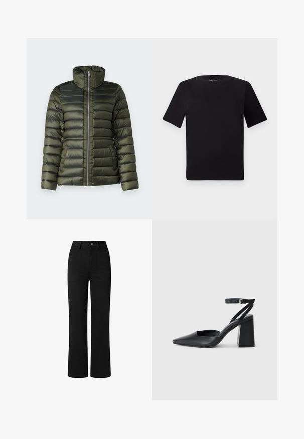 Zimná bunda v tmavozelenej farbe, ktorá má horizontálne prešívané sekcie, vysoký golier, plný predný zips a bočné vrecká s hladkou textúrou.; Čierne tričko s krátkym rukávom a okrúhlym výstrihom, vyrobené z mäkkej bavlny. Jednoduchý dizajn, bez viditeľných log alebo vzorov.; Čierne, vysoko pásové nohavice so strihom rovného nohu, vyrobené z hladkej bavlnenej tkaniny. Obsahujú predné vrecká a jednoduché kovové zapínanie.; Čierne kožené lodičky s špicatou špičkou a členkovým remienkom, s masívnym podpätkom. Hladký povrch, elegantný dizajn a minimalistická estetika.
