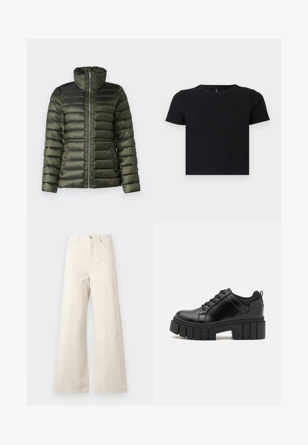 Kurtka puchowa w ciemnozielonym kolorze, z poziomymi pikowanymi sekcjami, wysokim kołnierzem, pełnym zamkiem błyskawicznym z przodu oraz bocznymi kieszeniami o gładkiej fakturze.; Czarny t-shirt z krótkim rękawem wykonany z miękkiej bawełny. Posiada okrągły dekolt i dopasowany krój. Gładka tekstura bez wzorów lub akcentów.; Beżowe spodnie o szerokich nogawkach wykonane z bawełny, z zapięciem na guzik z przodu, bocznymi kieszeniami i gładką fakturą. Minimalistyczny design bez wzorów.; Czarne skórzane buty na platformie z masywnym słupkowym obcasem, okrągłym noskiem i klasycznym sznurowaniem. Posiadają gładką teksturę i minimalne wykończenia.